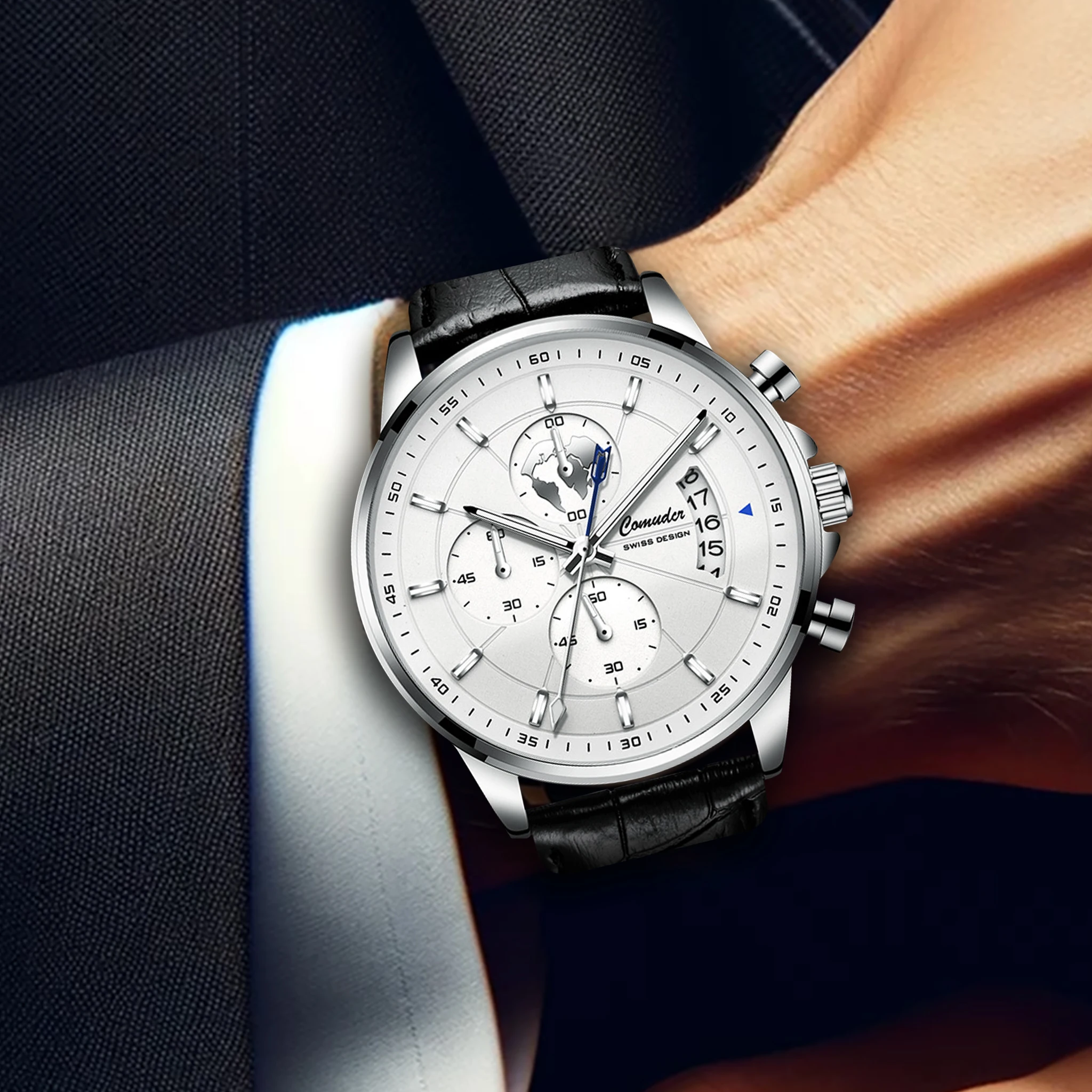 ساعة رجالية جديدة فضية حزام أسود نمط رياضي موضة الشباب ليلة ضوء التقويم كونتيننتال الرف ساعة كوارتز