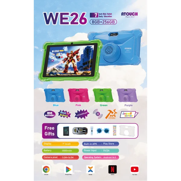 ATOUCH WE26 7 Inch Early Education Kids Tablet | 8GB RAM + 256GB ROM, Quad Core 1.2GHz, Android 13, 8000mAh Battery, Dual Camera