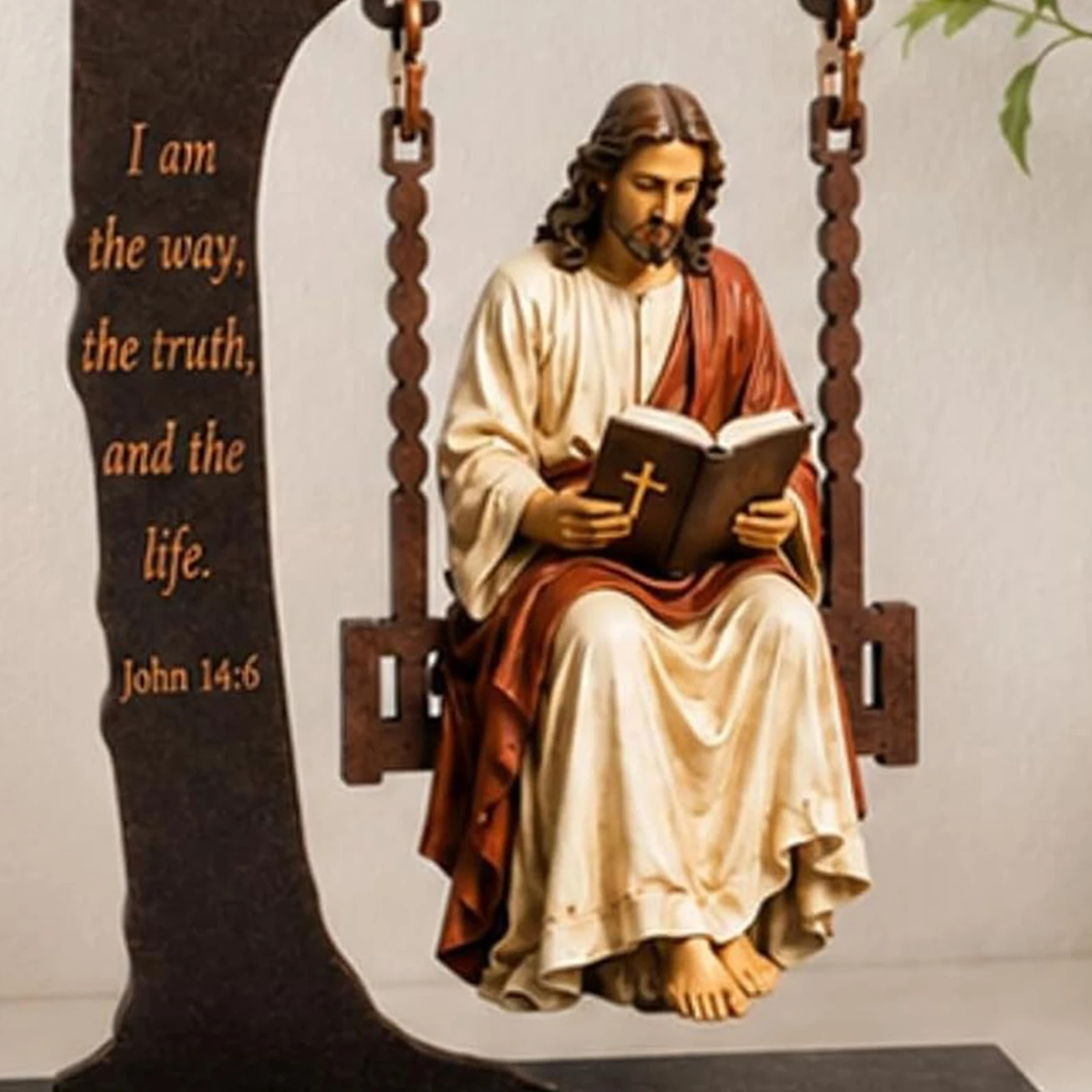 Wood Jesus Bible Swing Ornament Multi-Purpose Christians Bibles Readings Figurines Gifts for Christian Believers Bible Lovers