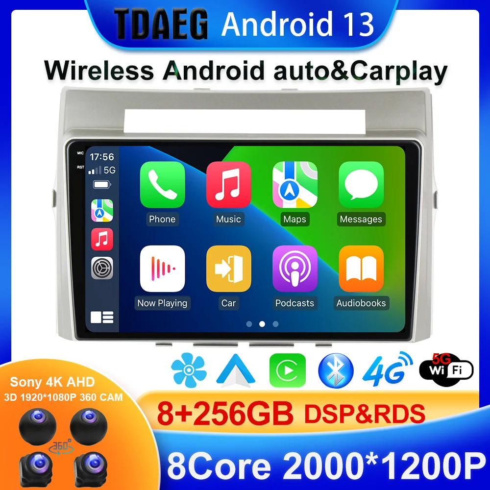 Radio Multimedia con GPS para coche, reproductor de vídeo con Android 13, 256G, inalámbrico, carplay, para Toyota Corolla Verso AR10 2004 - 2009