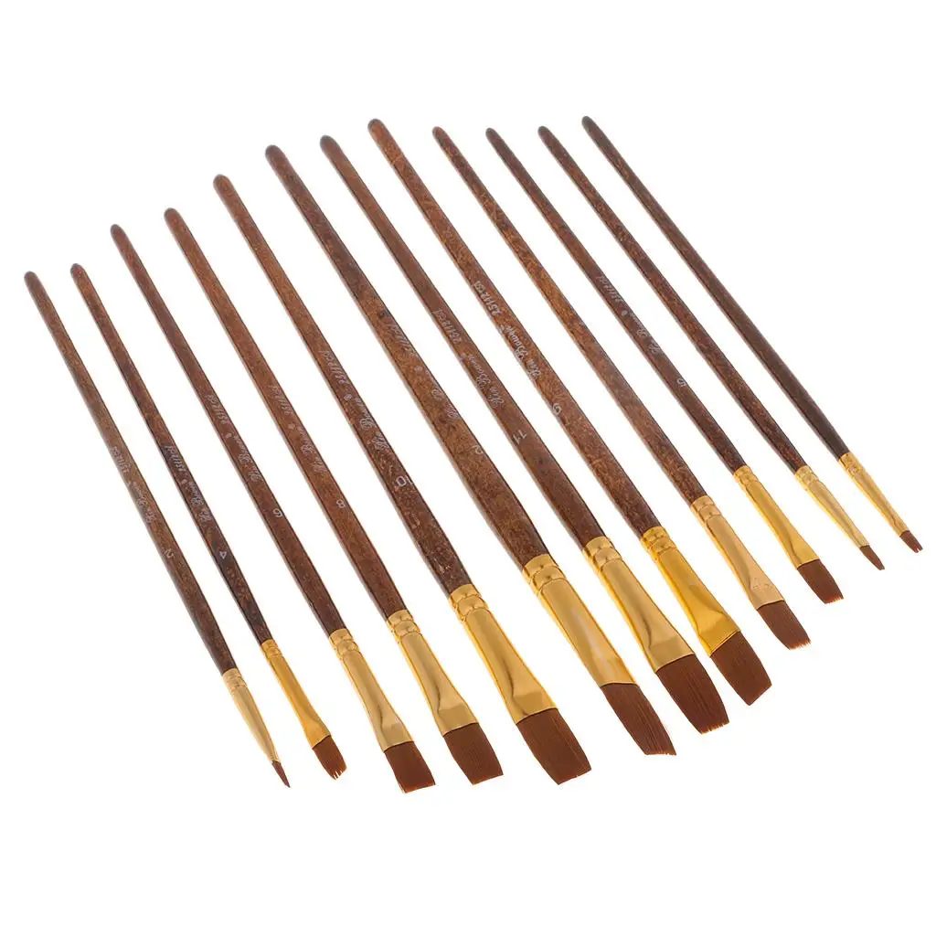 Ensemble de pinceaux avec manche en bois, pinceaux à cheveux en nylon pour peinture à l'huile acrylique, kits de peinture d'artiste professionnel, 12 paquets