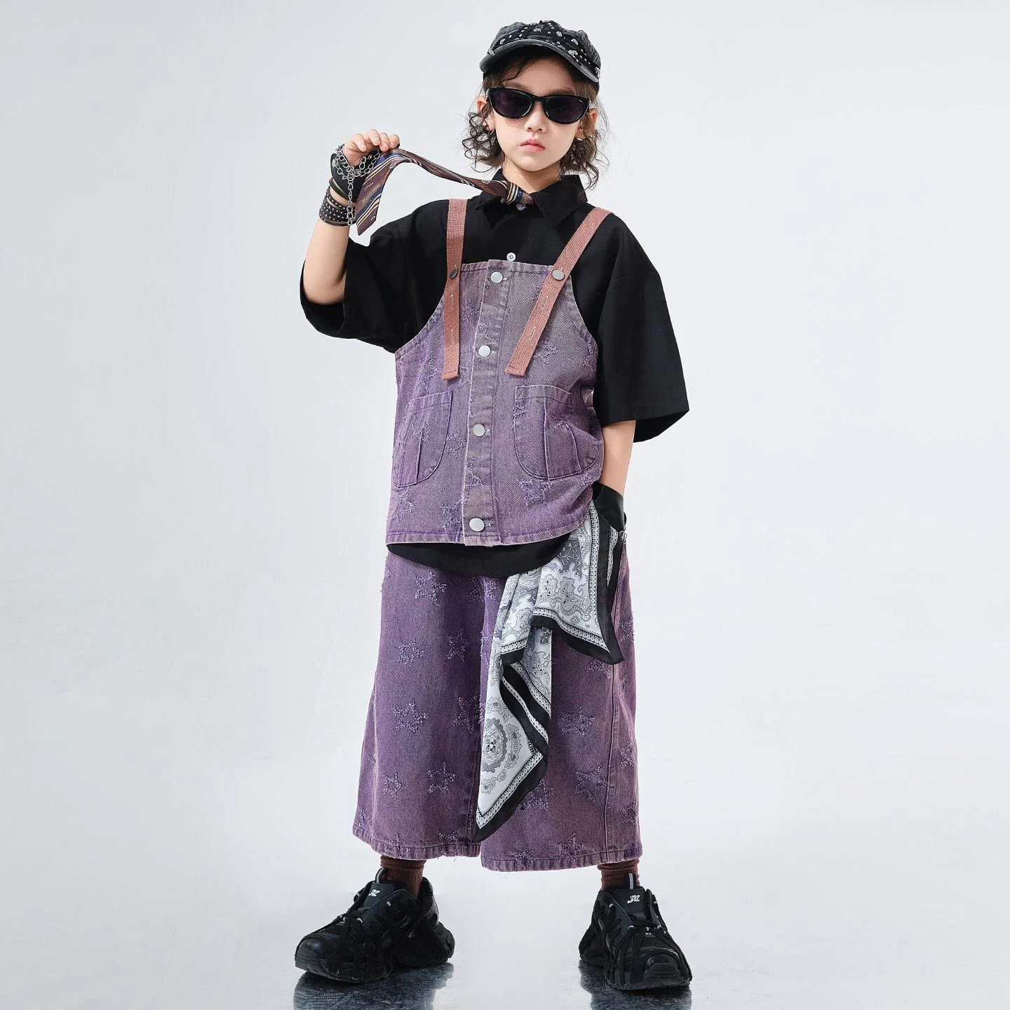 Kinderen Street Dance Hiphop Prestaties Kostuums Voor Meisjes Paars Bretels Denim Pak Jongens Jazzdans Kleding DQS20138