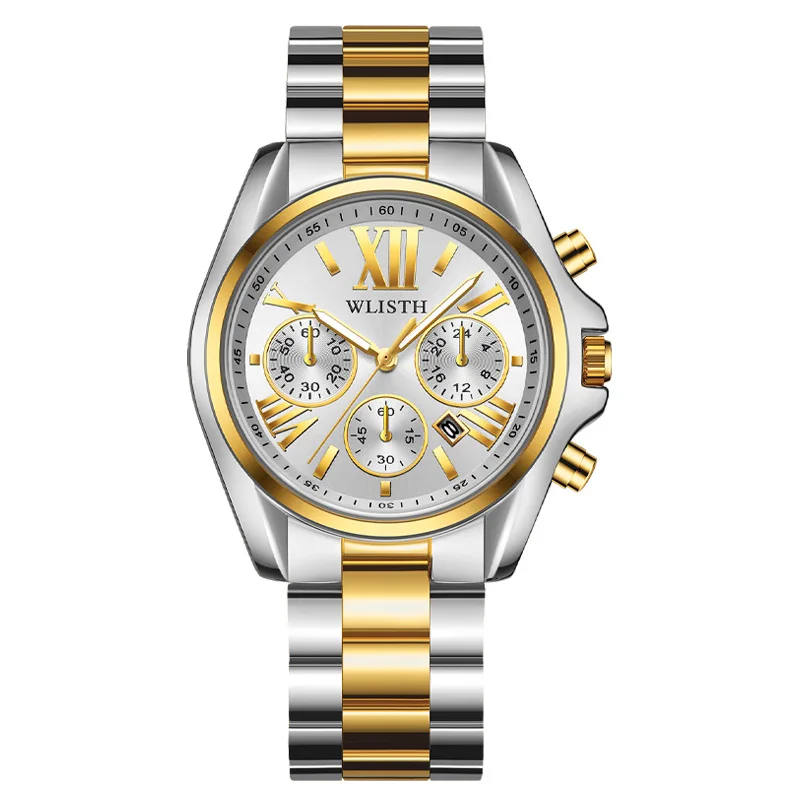 Montre-bracelet étanche en acier inoxydable doré pour hommes et femmes, horloge de date de calendrier, montre d'affaires de luxe, marque supérieure, mode