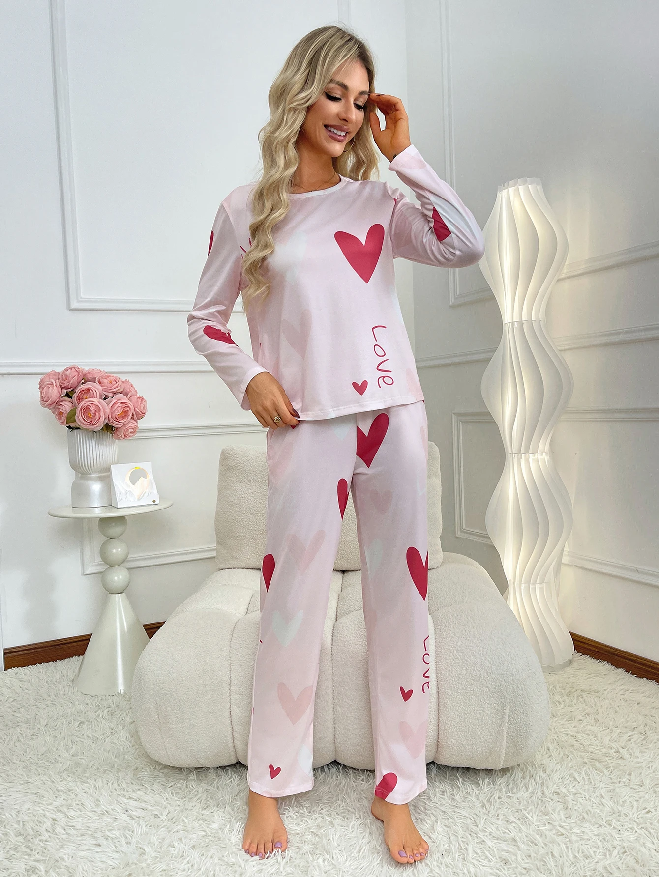 Autumn new style women\'s pajamas set love print pattern long sleeve trousers loose two-piece casual comfortable home wear