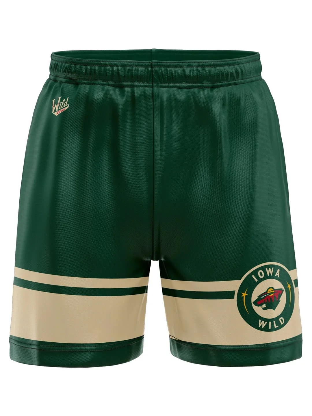 

2026 New Iowa Wild Logo Men Athletic Shorts Green Beige Stripe Quick Dry Casual Training Shorts with Team Brand Print