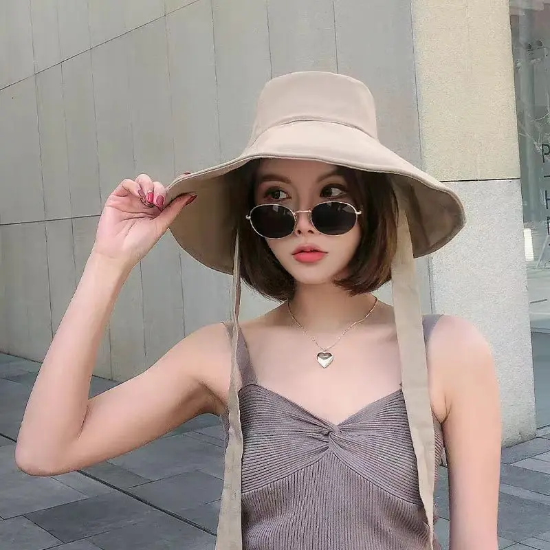 New Summer Spring Japanese Tie Bucket Hat Women\'s Korean-style Big Eave Fisherman Foldable UV Cotton Linen Beach Strap Sun Hat