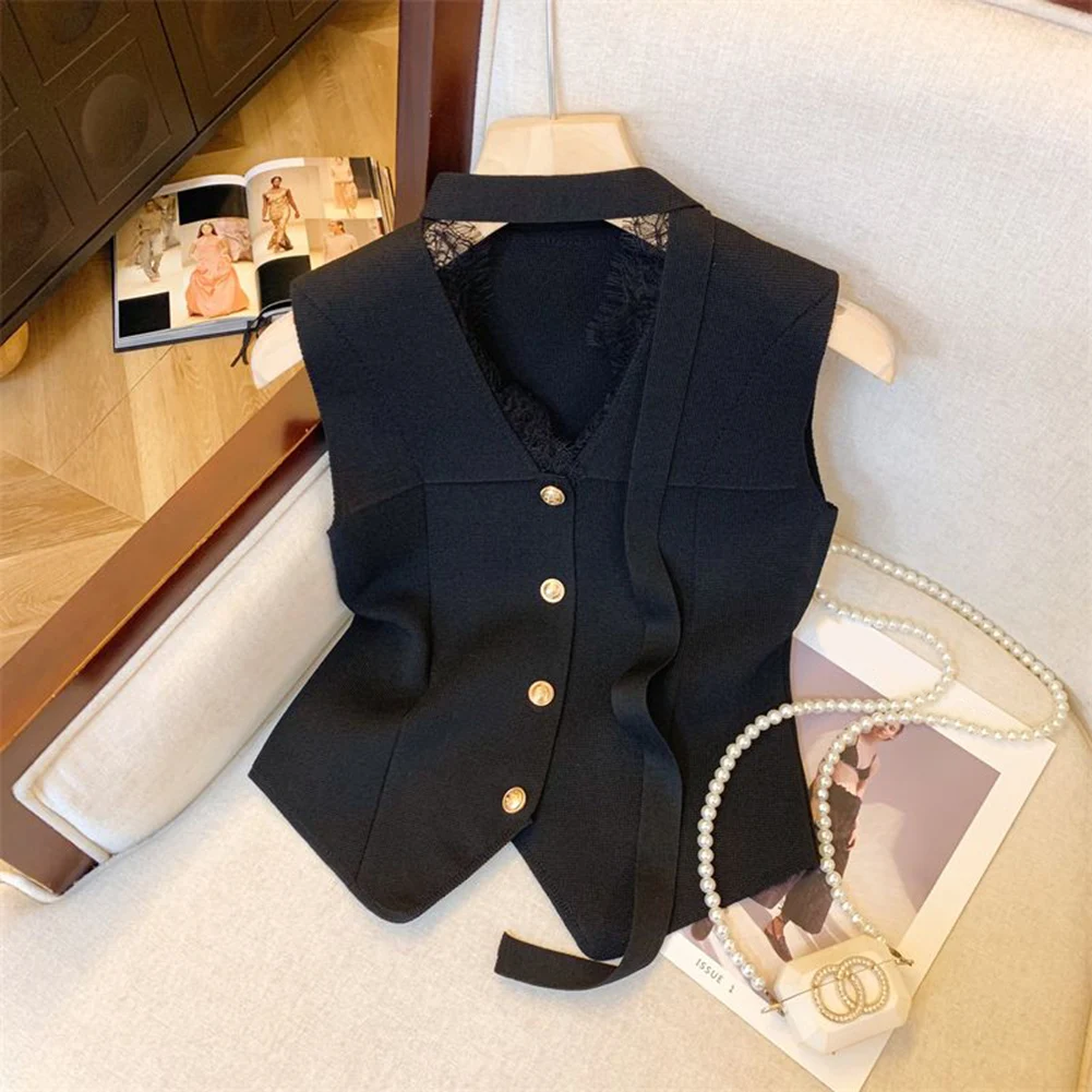 Lace V-neck Streamer Vest For Women Summer Style High-end Single-breasted Suit Vest Sleeveless Top For Women