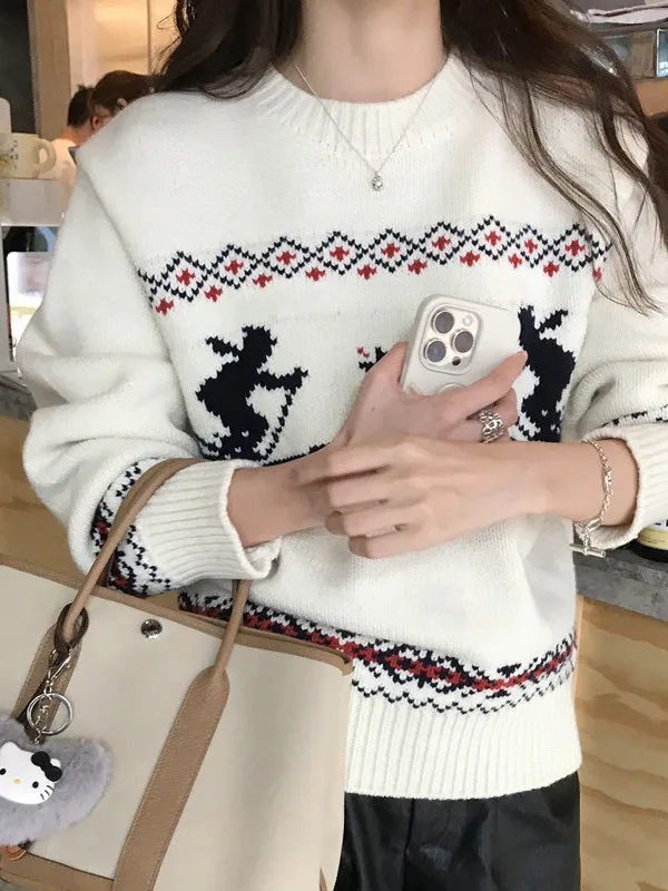 Retro Nordic Sle Long Sve Knitted Sweater Women's Ski Person round Ne Knitwear Autumn Winter Faion Classy Top