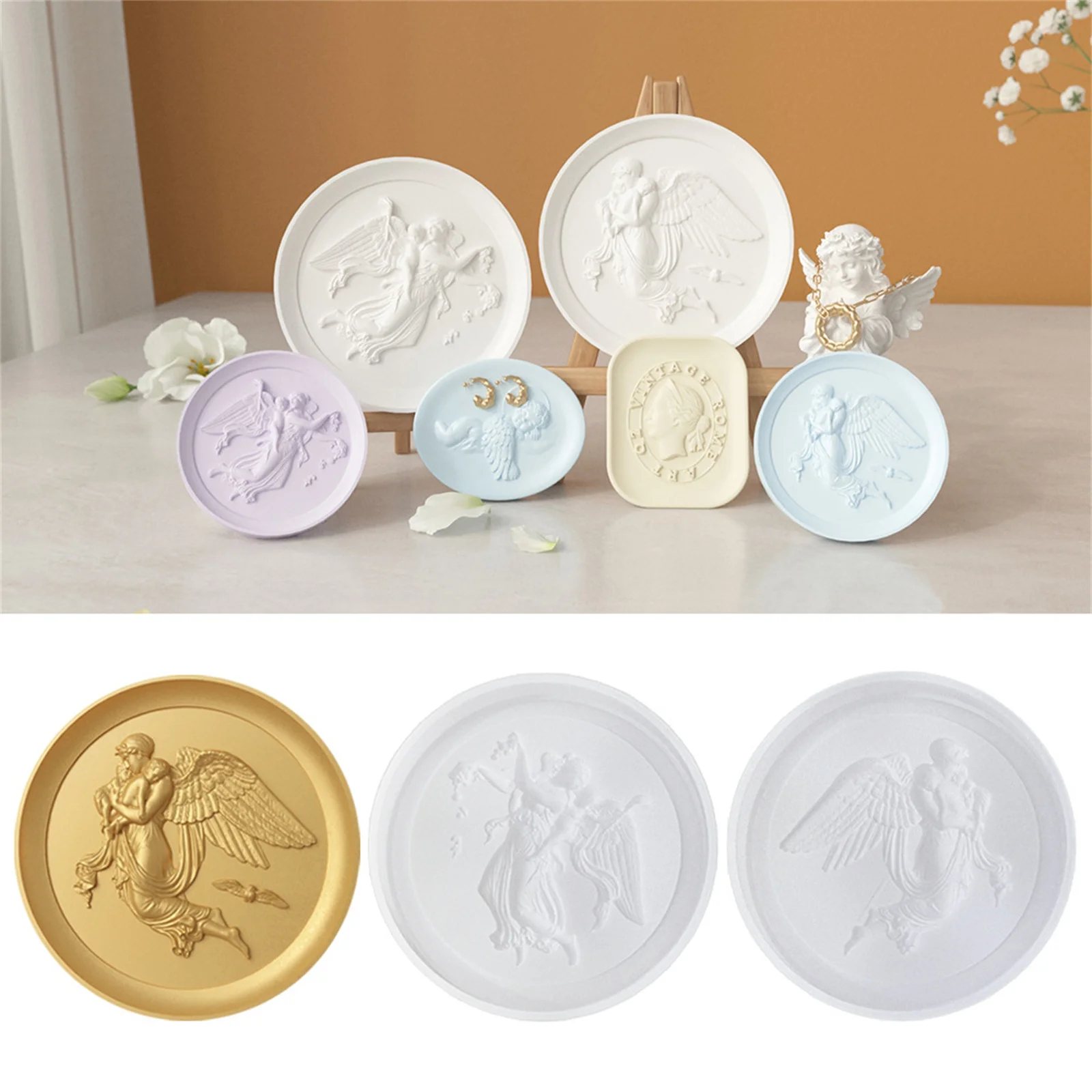 Embossed Angel Gypsum Tray Silicone Mold Coaster Crystal Drip Resin Silicone Mold Jewelry Storage Tray Gypsum Cement Molds