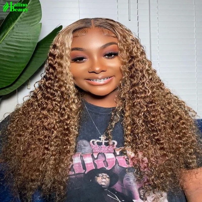 

Curly Highlight Wig Human Hair Water Deep Wave Frontal Wig Blonde Honey Brown Curly Human Hair Wigs Colored lace front wig