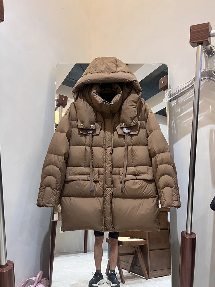 النسخة الكورية مقنعين الرباط سميكة أسفل سترة 2025 شتاء جديد إمرأة متوسطة إلى طويل الأبيض بطة أسفل معطف العصرية #3