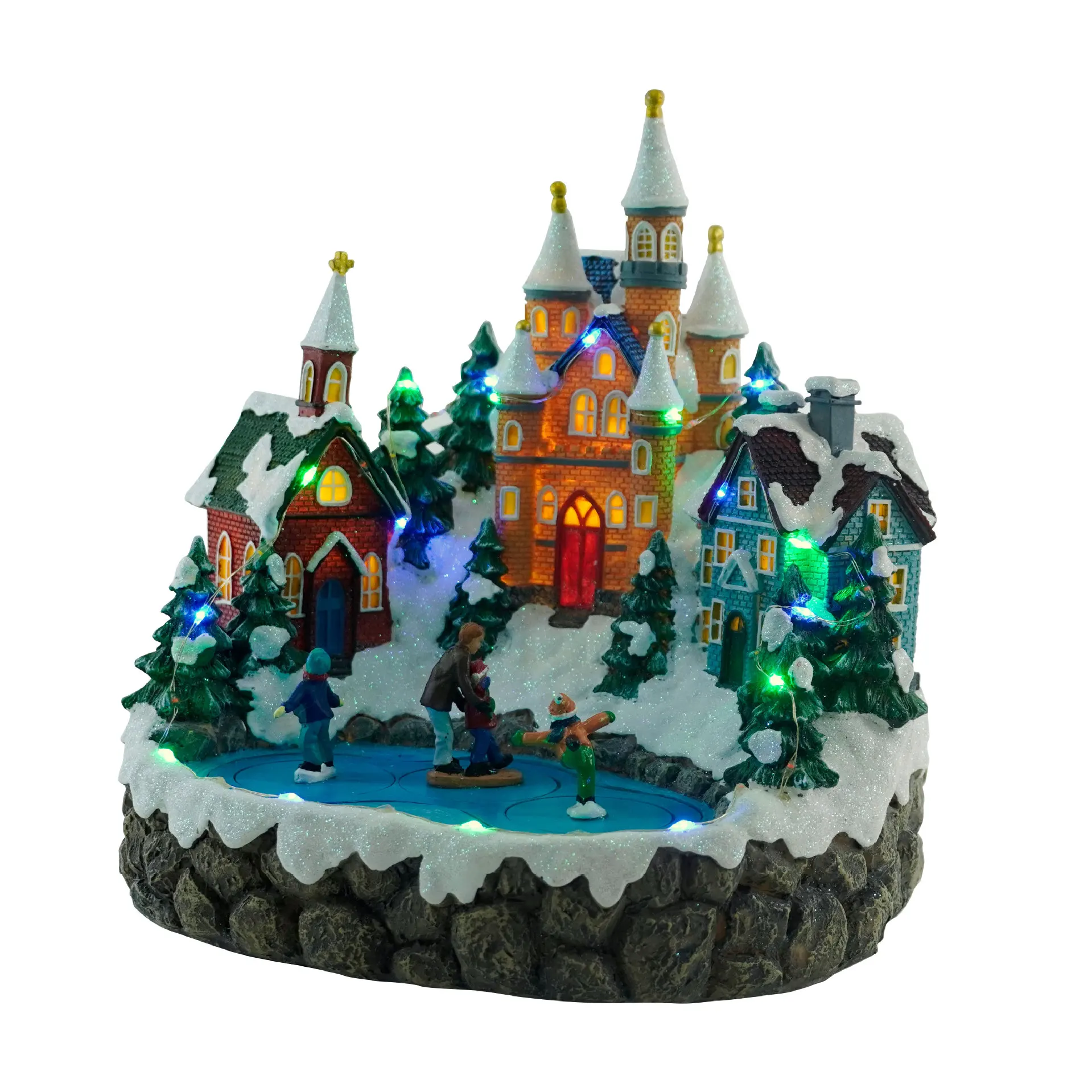 New European Christmas House Castle Ice Rink Resin Ornament LED Music Box Birthday Gift