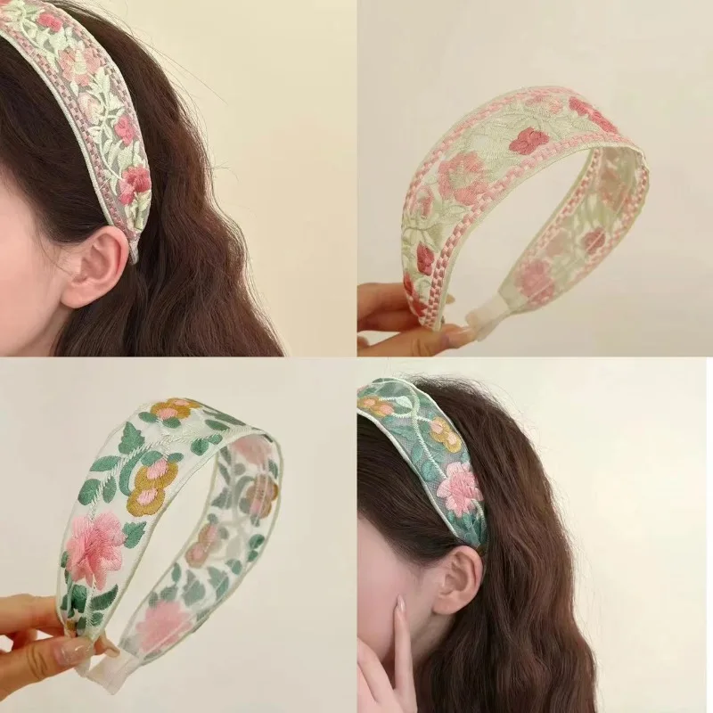 2024 Vintage Embroidery Flowear Gauze Lace Hair Hoop Headdress for Women Girls Summer Sweet Bohemia Ethnic Headband Accessories