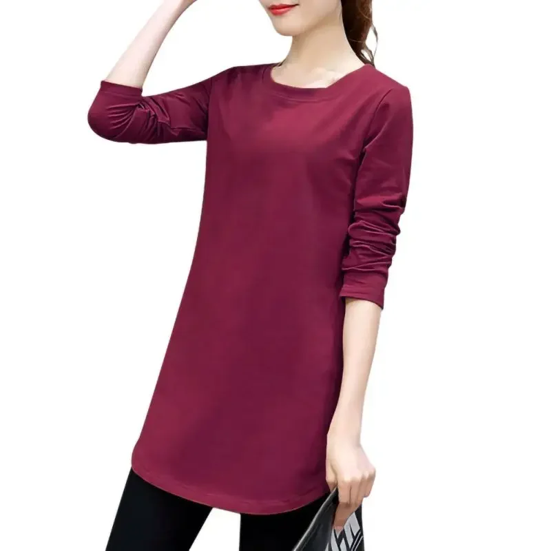 Lente Herfst Vrouwen T-shirt Mode Slanke Ronde Kraag Lange Mouw T-shirt Casual Effen Kleur T-shirt Tops Vrouwen Tees