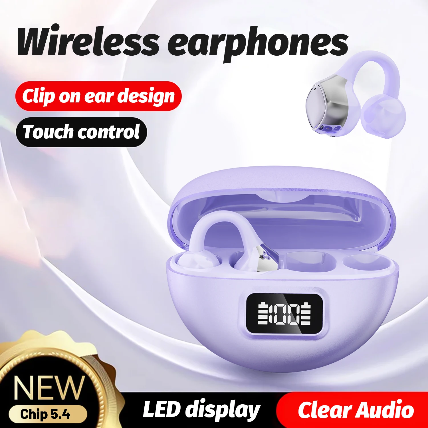 Clip on Earbuds Open Ear Wireless Headset Bluetooth 5.4 Headphones with Mic,Noise Cancelling,Waterproof,Sports Ear Buds