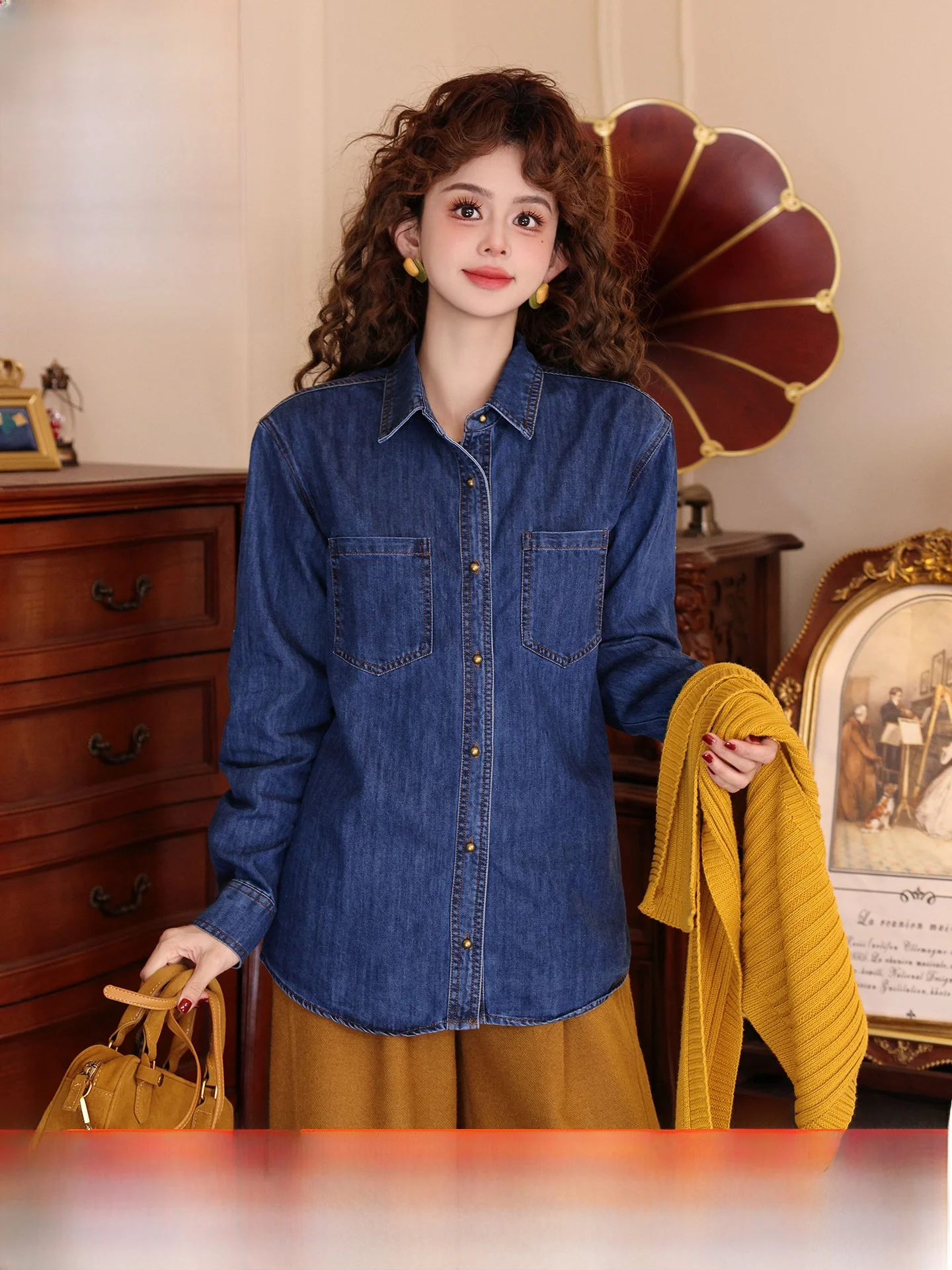 

Blue Denim Casual Loose Long Sve irt Women's Faion 2025 New Sle Breathable Comfortable Cotton Polyester Blend