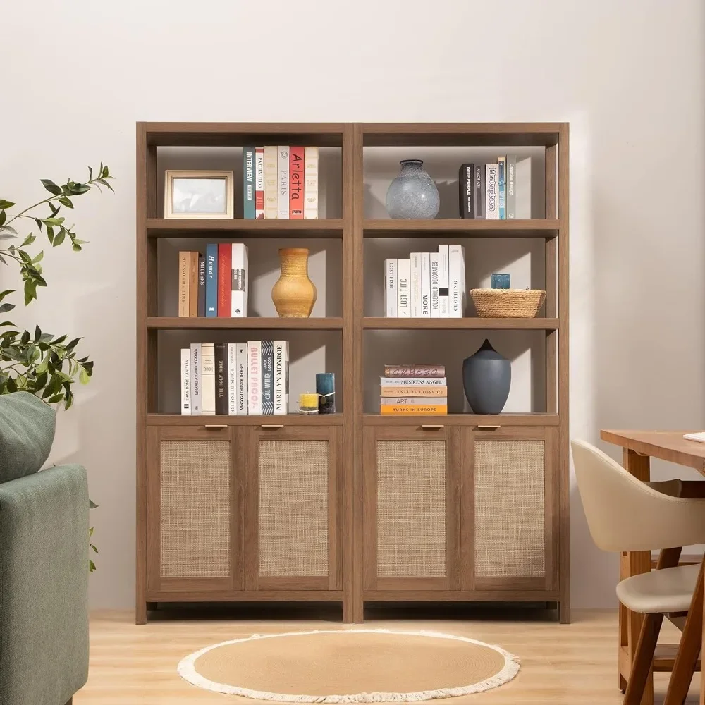 Bücherregal, 5-stufig, Rattan, Boho, hohes Bücherregal mit Türen, Aufbewahrung, Holzregale, großes Bauernhaus-Bücherregal, Bibliothek, Bücherregal