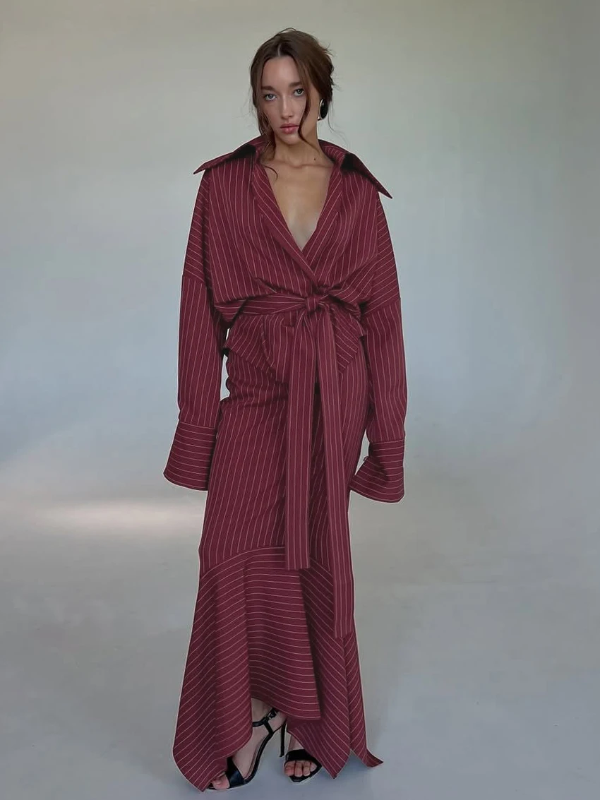 

Marthaqiqi Striped Women'S Nightwear Suit Turn-Down Collar Pajamas Long Sleeve Robe Lace Up Sleepwear Long Skirts Nightgowns Set