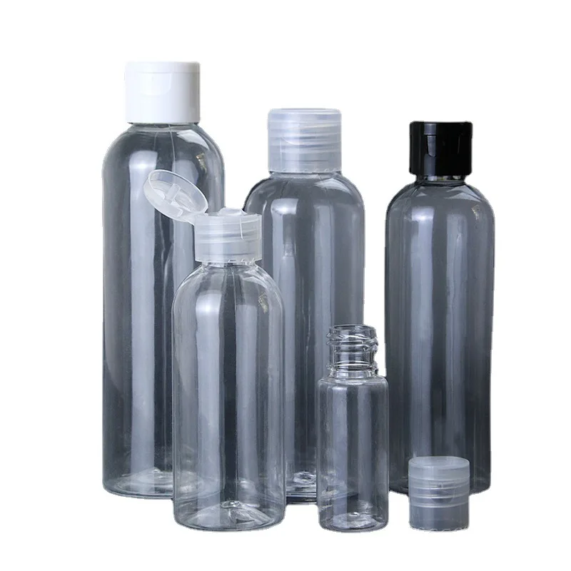 Refillable Bottle Cosmetic Packaging Clear Black White Flip Lid PET 300ml 400ml 500ml Round Empty Transparent Plastic Bottles