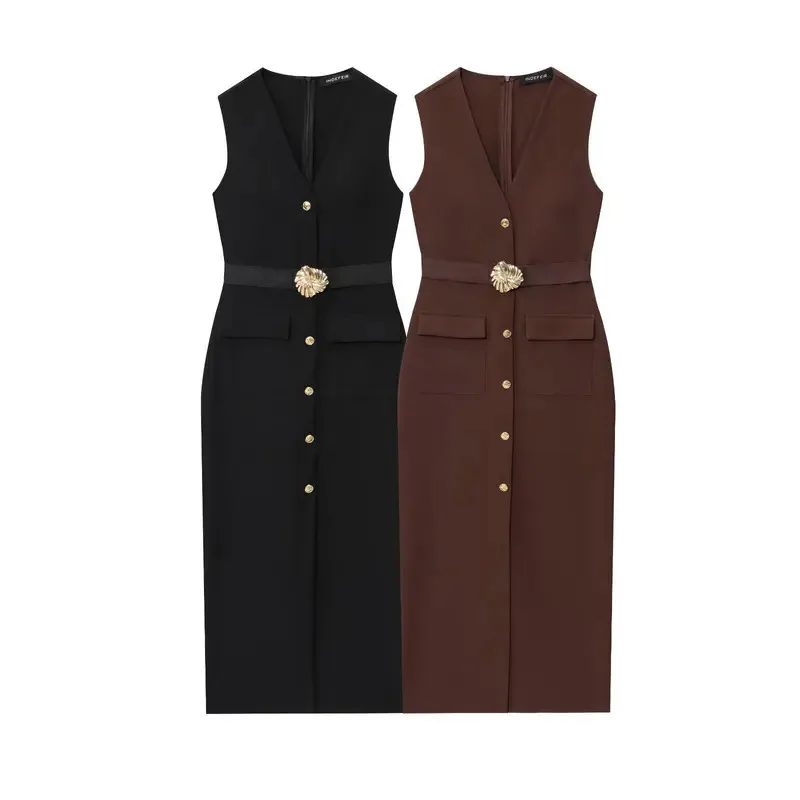 

Women's Sleeveless Midi Dress Summer Elegant round Neck Hem Slits Single Breasted Belted Commuter Fashion Long Dress