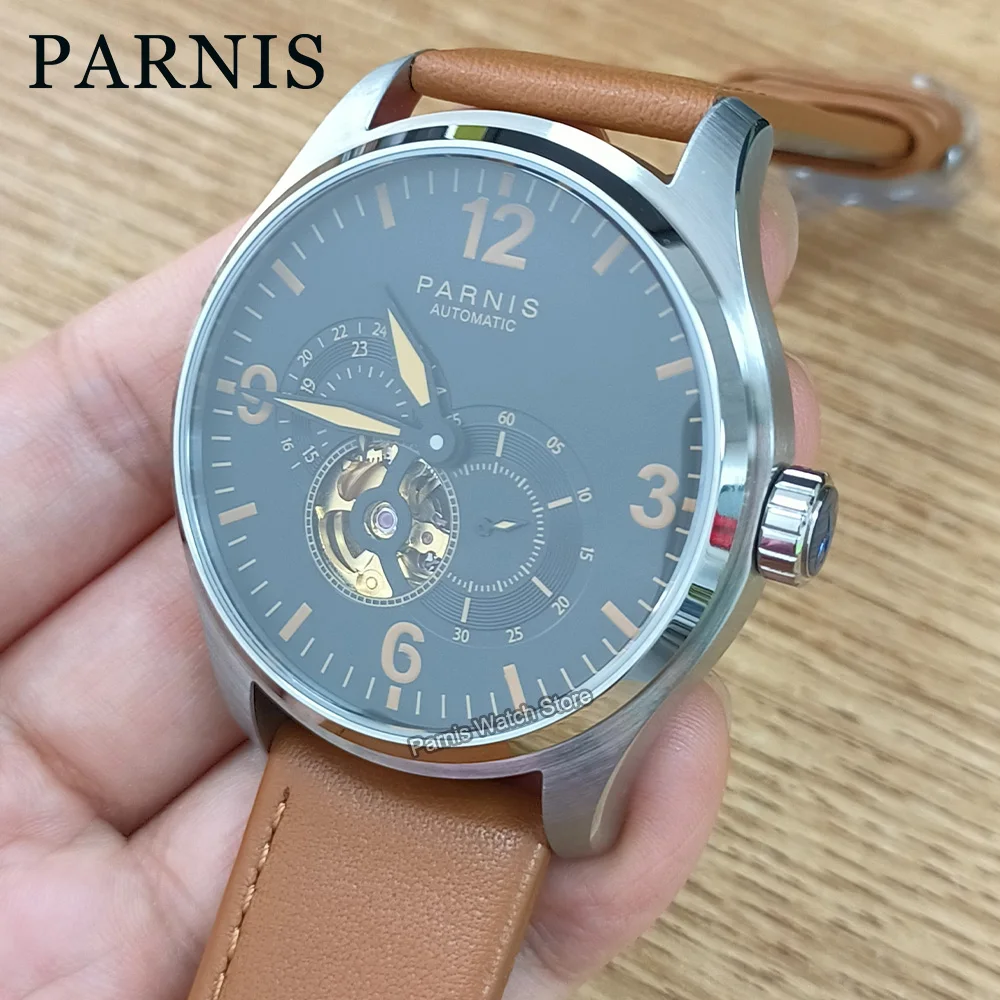 Parnis 44mm Miyota82S7 Automatic Sapphire Crystal Men's Mechanical Watch 24-hour Black Dial