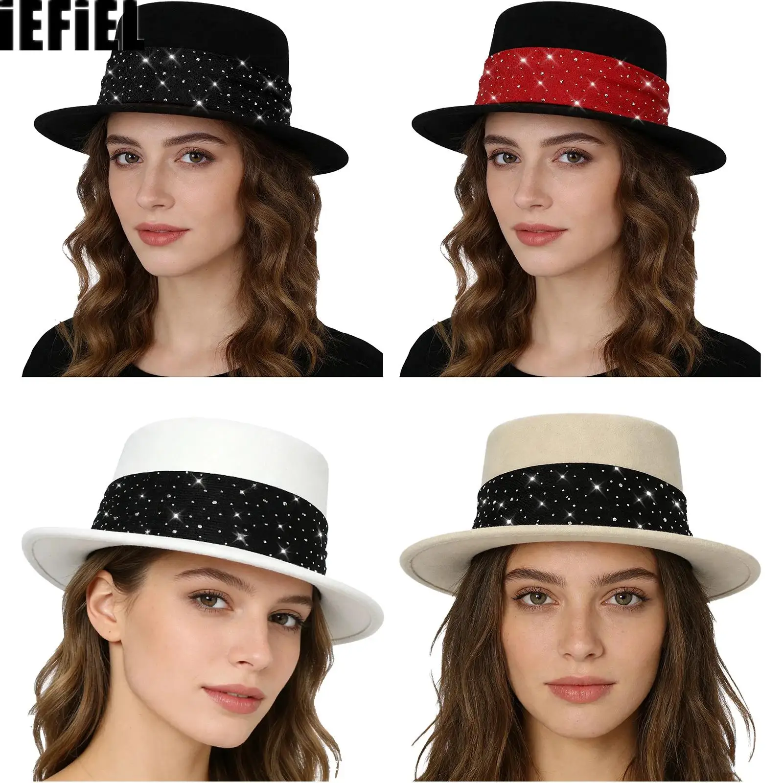 

Шляпа-федора в стиле ретро с блестящими стразами, широкими полями и плоской верхушкой, для женщин и мужчин, элегантная праздничная шляпа