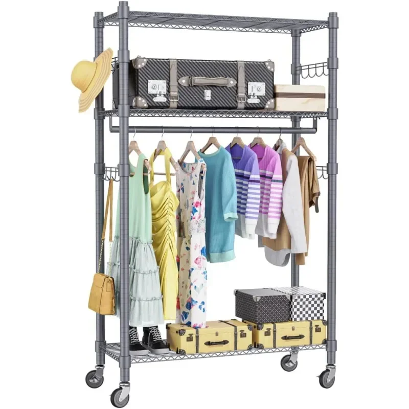 

3-Tier Garment Rack, Heavy Duty Clothing Wire Shelving, Rolling Free Standing Closet with 1 Hanging Rod and 2 Pairs Side Hooks