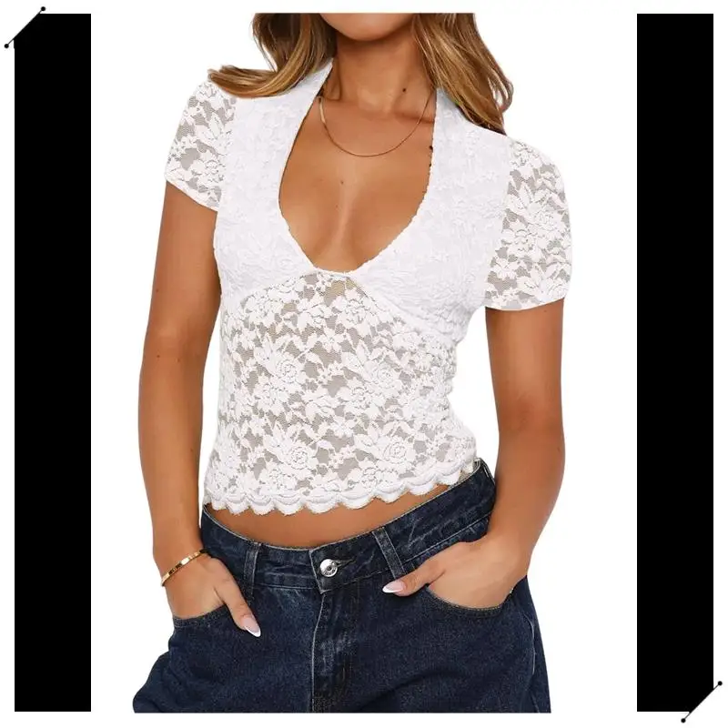 Women's Lace Short Sleeve Shirt Low Cut Y2K Slim Fit Top Going Out Club Concert Clothes