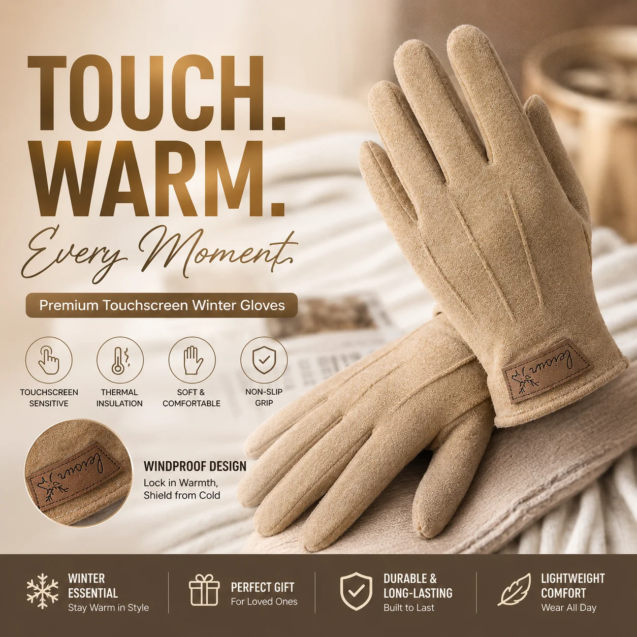 Derong Men's Gloves for Autumn and Winter, Touch-Screen Warm Riding Gloves, Fashionable Fleece-Lined Split-Finger Design