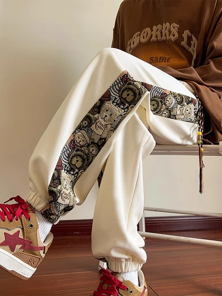 

Американские свободные спортивные штаны для мужчин, длинные брюки с манжетами и принтом медведя, осенние спортивные брюки больших размеров, молодежная энергия