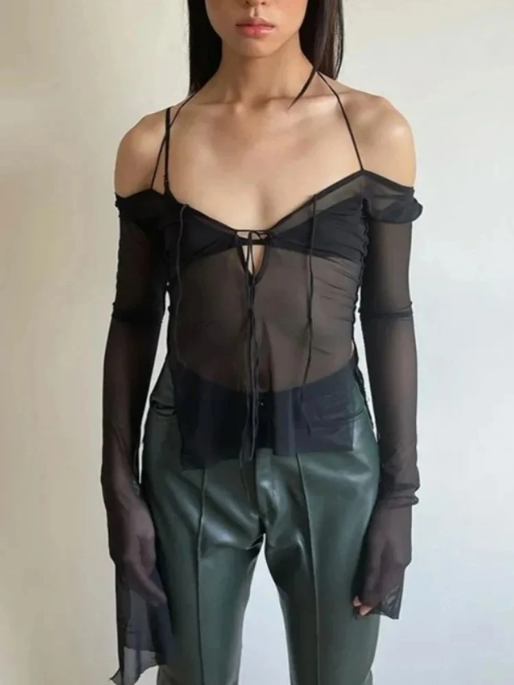 Maglia trasparente Maglietta nera Crop Top Donna Y2k Accessori Camicia femminista con lacci Manica lunga Camisetas Slim Fit Ropa De Mujer