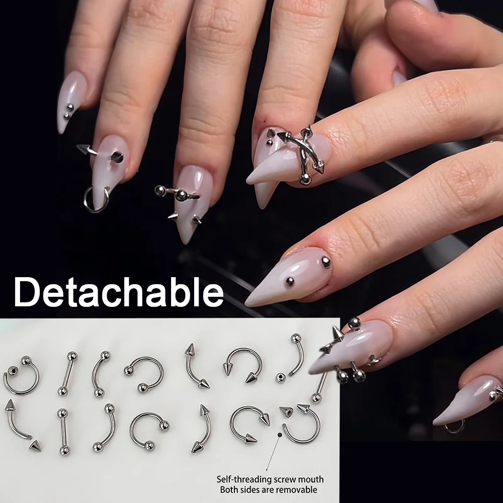 10 pcs/set Detachable 3D Nail Piercing Jewelry, Silvery Tone Spiked/Captive Bead Rings Studs, Punk Nail Charms for Acrylic Nails