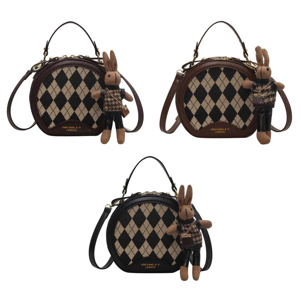 Luxe Retro Ronde Schoudertas Ruit Patroon Met Schattige Bunny Charme Crossbody Tas Voor Dames Handvat Tas Pu Lederen Hobo Tas