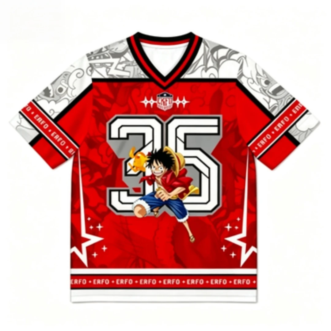 Lufy Printed Mesh Knit Shirt, Quick Drying V-neck Anime T-shirt, Classic Luffy Character Pattern Number 35 Sports Shirt