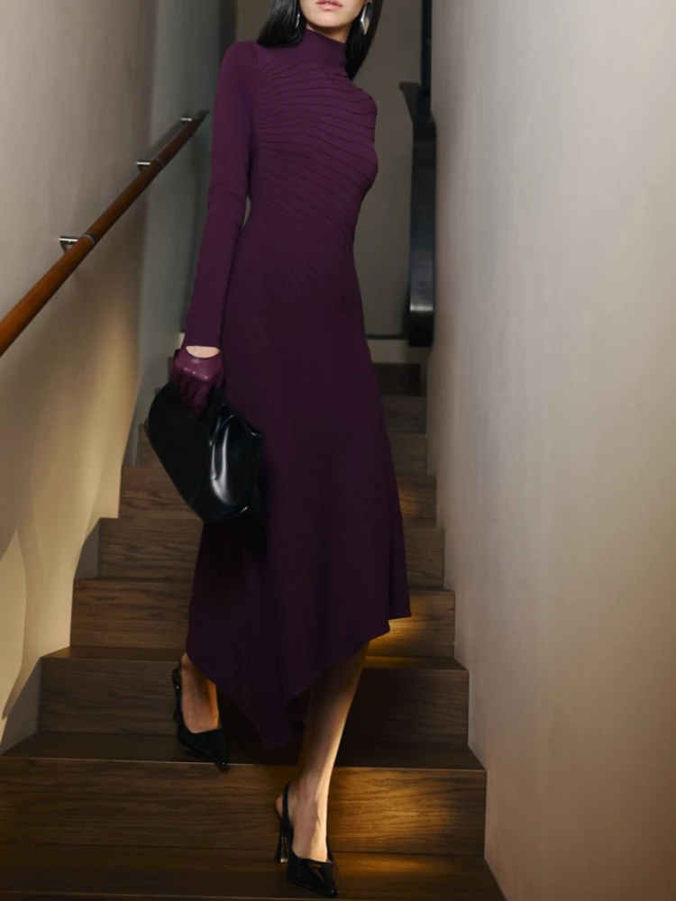 토시 패션 니트 비대칭 맥시 드레스 여성용 플리츠 솔리드 하이웨이스트 하프 하이 칼라 가을 니트웨어 여성 맥시 드레스