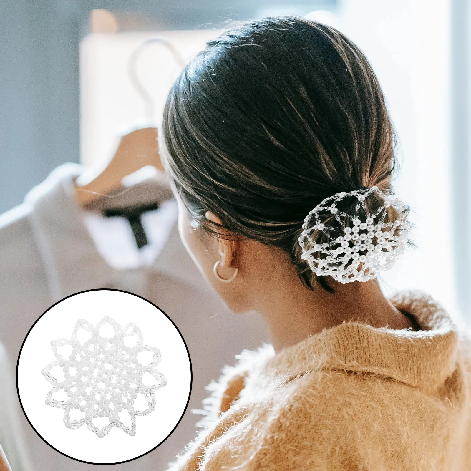 

Pearl Crochet Net Elastic Bun Cover For Dance Skating Reusable Hair Bun Holder Snood Women Hair Accessories