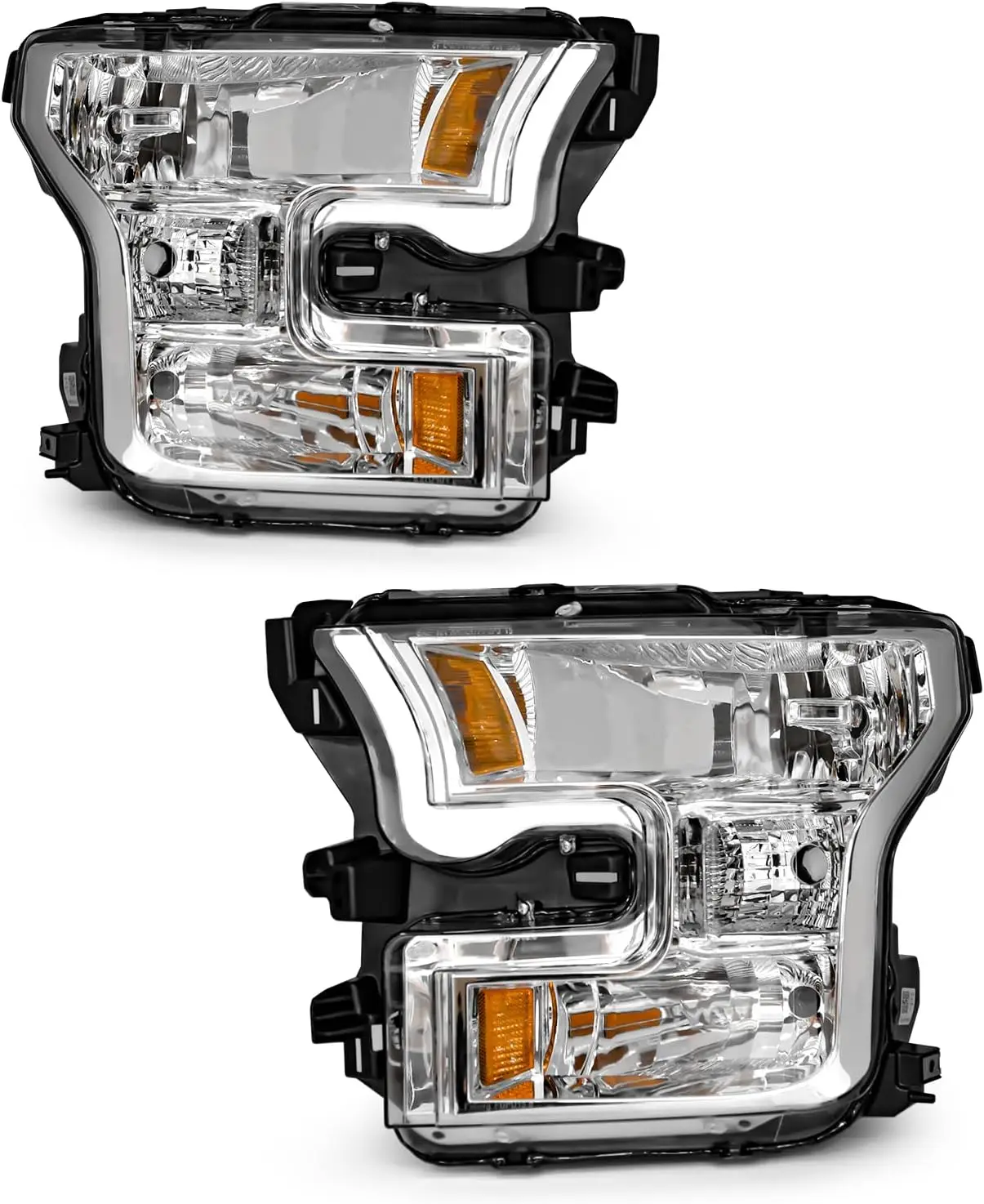 Compatible with 2015-2016-2017 F150 Headlamp Assembly - Halogen Lamp Chrome Housing with Amber Reflector - Driver & Passenger Si