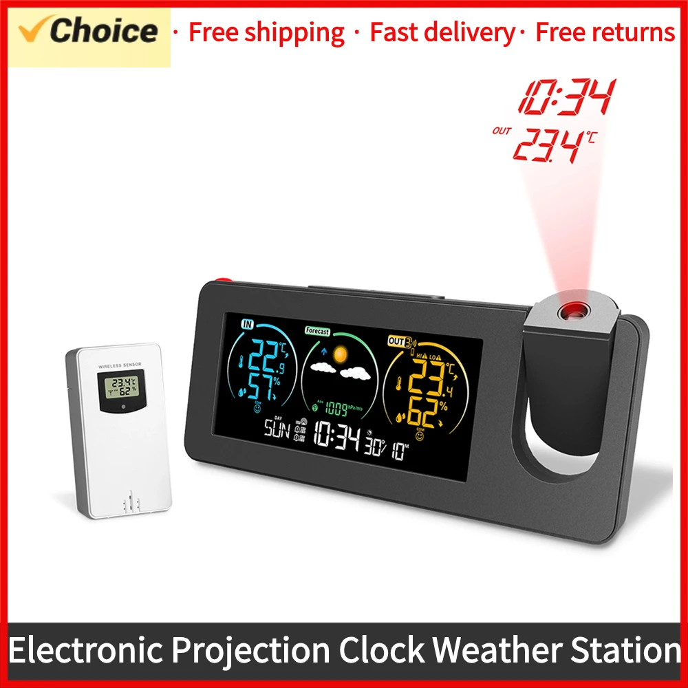FJ3538 Electronic Projection Clock Weather Station Weather Forecast Temperature and Humidity Color Screen Digital Alarm Clock