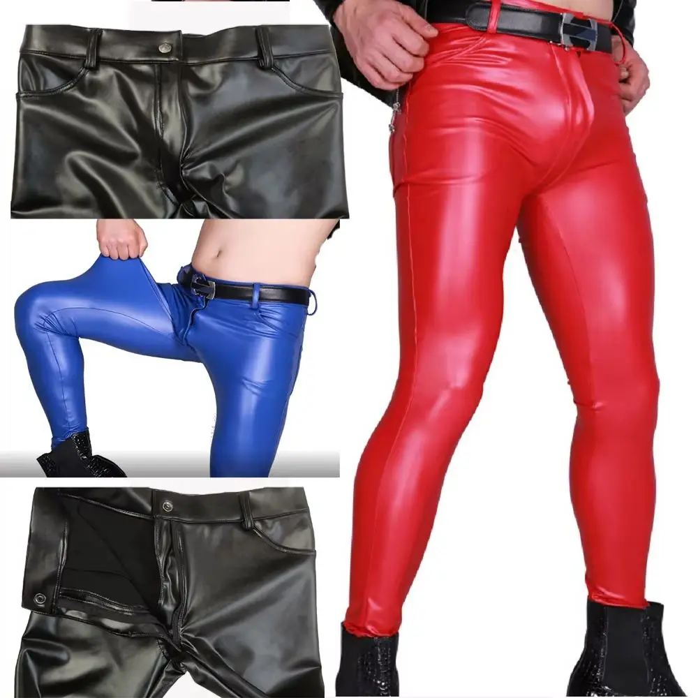 Men Faux Leather Skinny Pants Shiny Stretchy Slim Fit Biker Trousers Clubwear Nightclub Party Front Zipper Elastic Curved Crotch