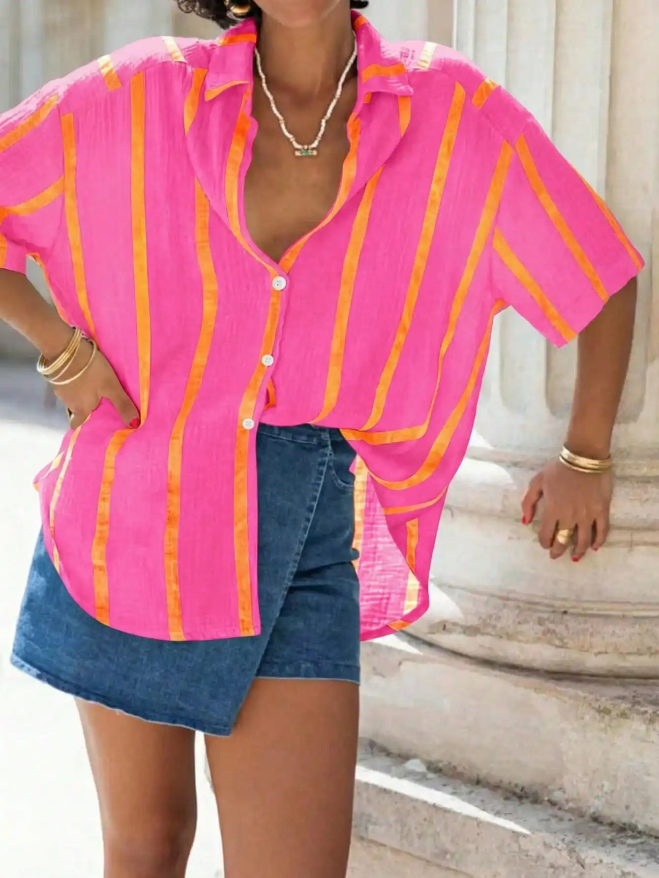 

Women's Pink Orange Striped Loose Short Sleeve Shirt Casual Top For Spring Summer