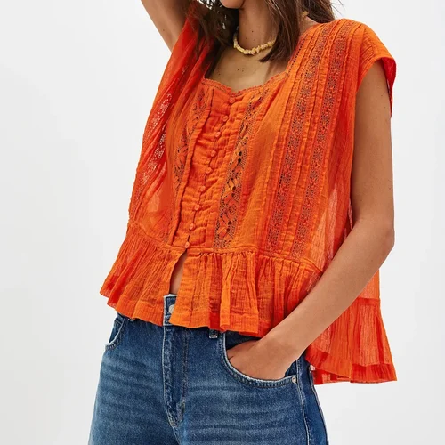 Imagen 2 del producto Top corto sin mangas vintage para mujer, camisa sin mangas con medio botón y volantes, picardías Y2k, blusa peplum, chaleco, túnica