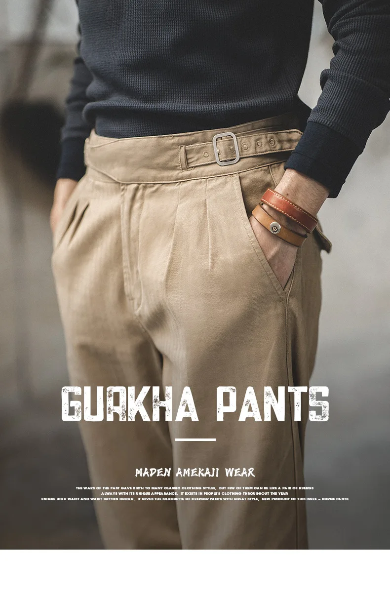 Maden Vintage Khaki Gurkha Hose, verstellbar, hohe Taille, lässige Cargo-Arbeitshose, klassische gerade Hose für Herren, Frühling und Herbst – Detail 7