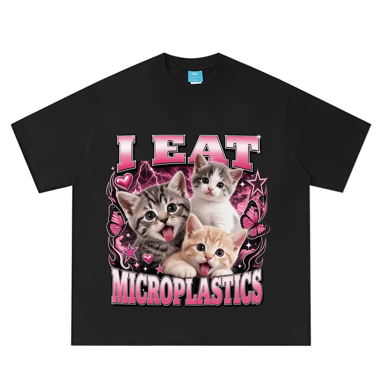 T-shirt graphique drôle "Je mange des microplastiques" avec motif de chat déchaîné, vêtements pour hommes, t-shirt décontracté en coton, streetwear.