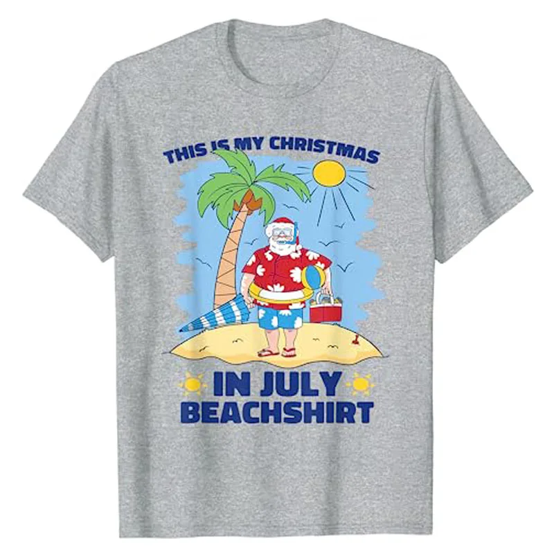 This Is My Christmas In July Beachshirt Funny Xmas Santa T-Shirt Cute Beach Lover Graphic Tee Top Summer Fashion Vacation Outfit