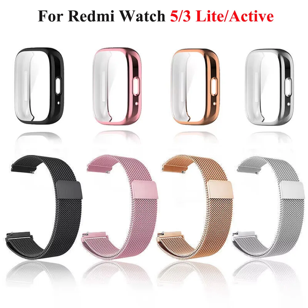 22mm Metallarmband für Redmi Watch 5 Active/5 Lite mit Gehäuse, Displayschutz und magnetischer Schlaufe, kompatibel mit Redmi 3 Active/Lite Uhrenarmbändern