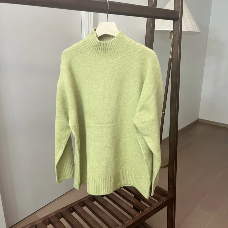 

Ladies Loose Long Sve f High Collar Sweater in Light een Versatile Thi Knitted Warm Commute Sle Winter Faion