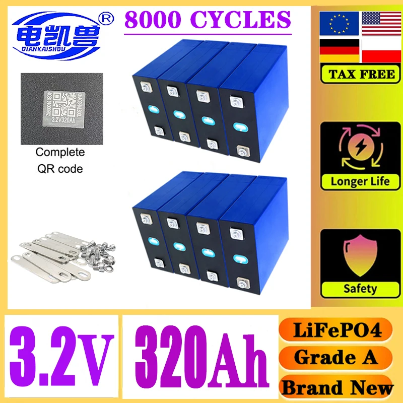 

Grade A+ Brand New 320Ah LiFePO4 3.2V rechargeable battery suitable for DIY 12V~48V caravan marine solar energy system no tax