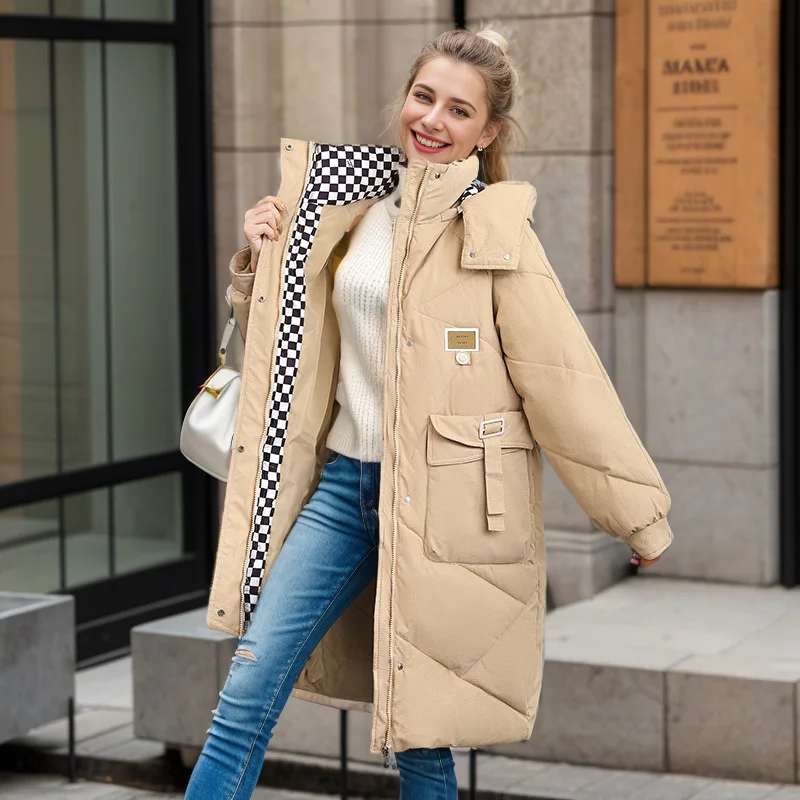 Jaqueta de inverno feminina 2025 xadrez lapela gola grande bolso feminino engrossar jaqueta de algodão quente longo elegante senhora algodão outwear