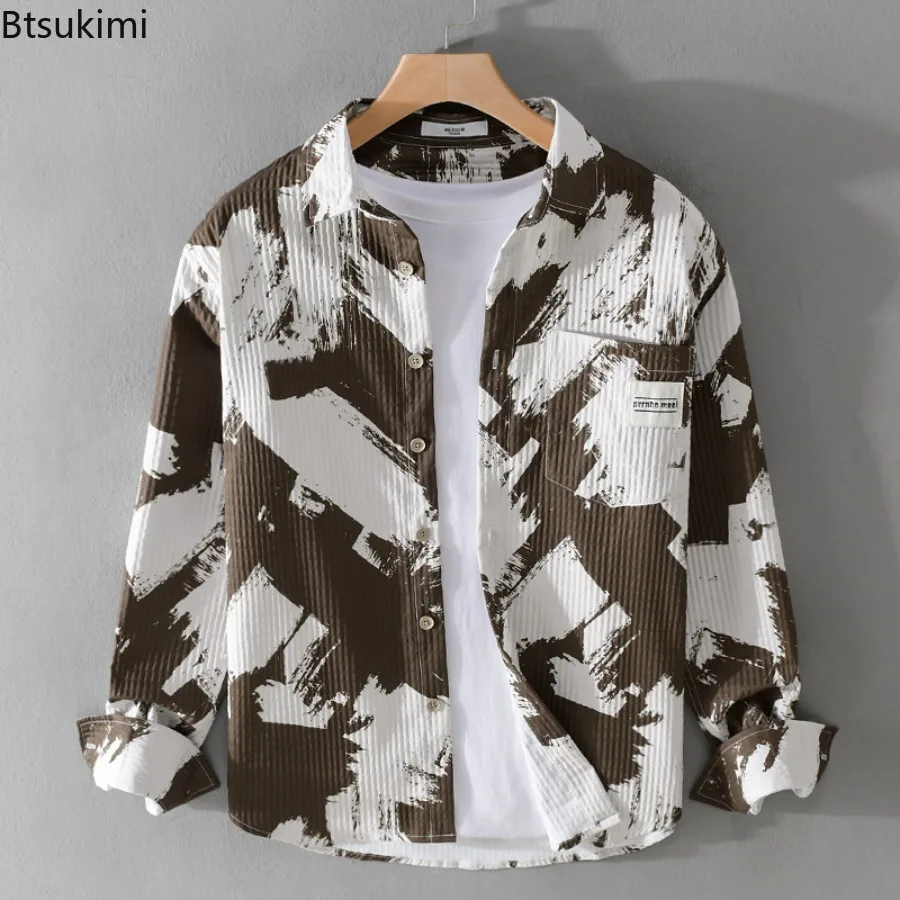 جديد ربيع الخريف الرجال عالية الجودة قمصان طويلة الأكمام موضة التلبيب فضفاض قميص غير رسمي معاطف طباعة مخطط الذكور سترة القمم