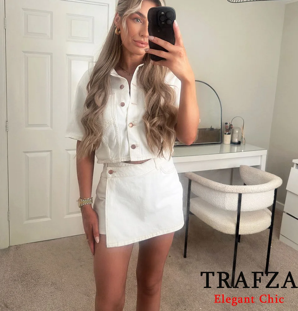 TRAFZA Classic White Denim Short Jacket Set donna giacca minimalista pantaloncini gonne nuovo 2024 Summer Fasion Vacation Commuter Set